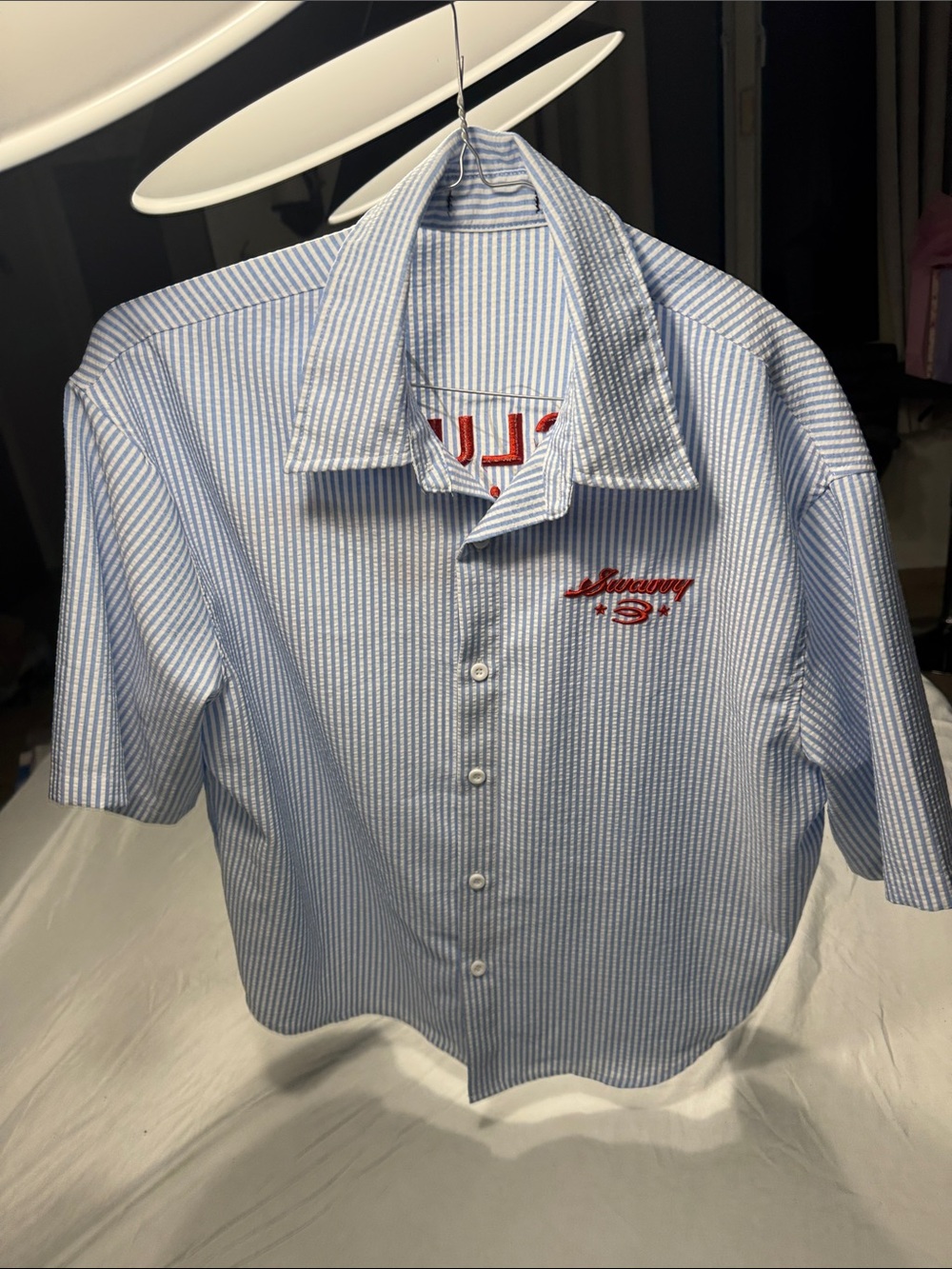 Blue Striped Short-Sleeve Shirt with Red Embroidery